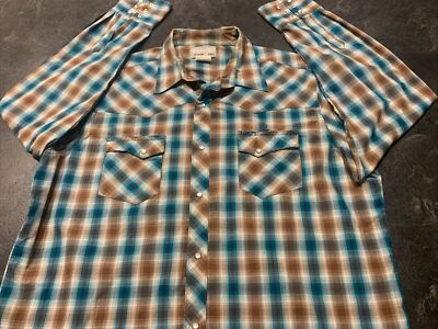 Mens Western Pearl Snap Wrangler Wrancher Rodeo XL Button Brown Blue Plaid