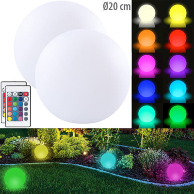 Lunartec 2er-Set Akku-Leuchtkugeln für innen und außen, Ø20 cm, IP54, RGBW-LED