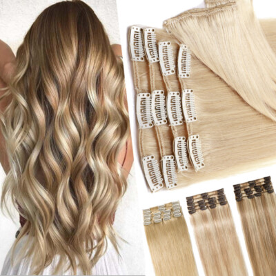 7pcs Real Remy Hair Clip In Remy Human Hair Extensions Full Head Natural Blonde