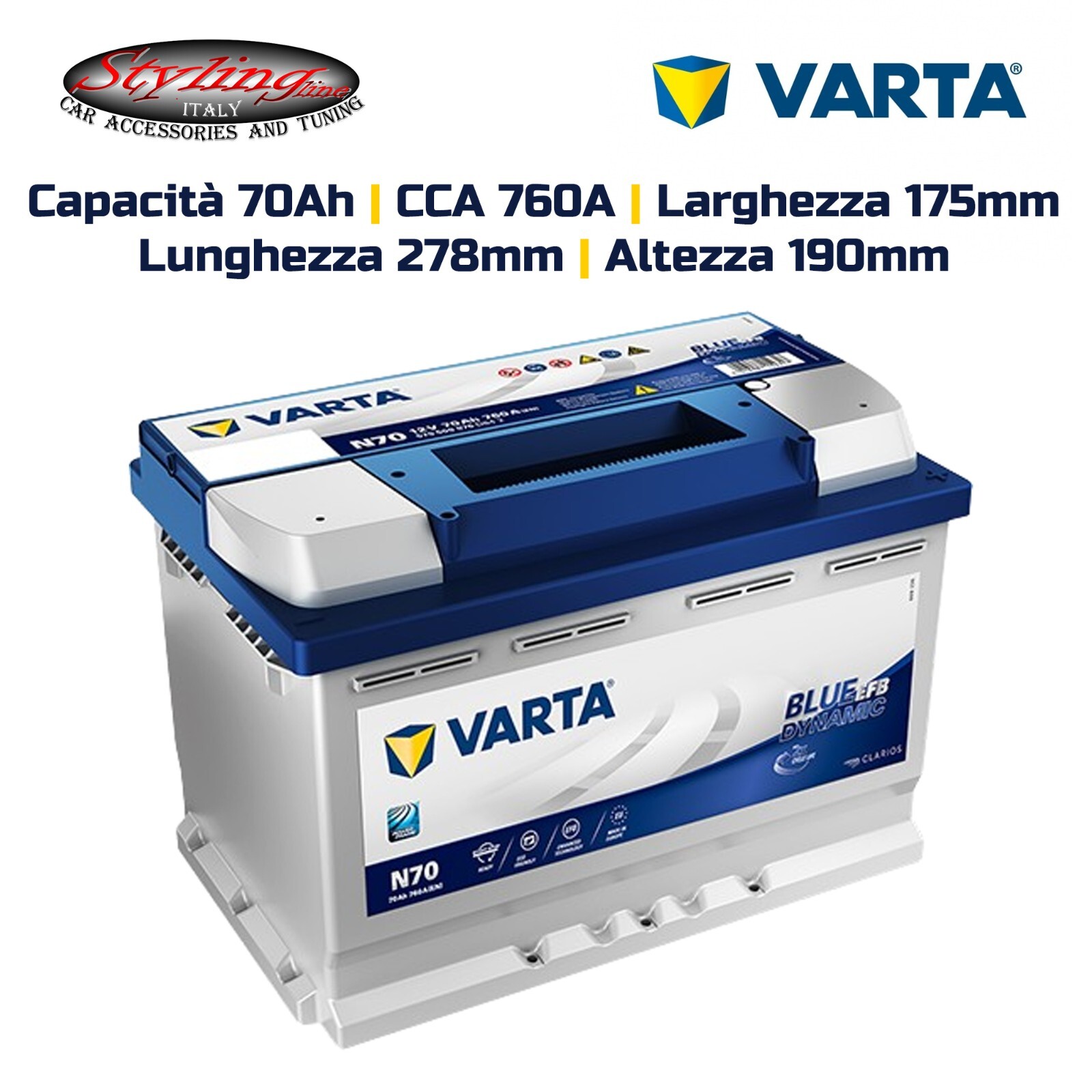 BATTERIA AUTO VARTA N70 70AH 760A START&STOP Blue Dynamic EFB 570500076 Specs