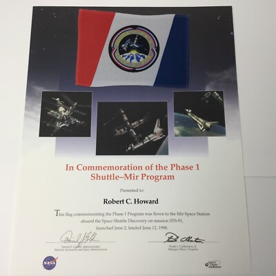 1998 NASA SPACE SHUTTLE PHASE 1 SHUTTLE-MIR PROGRAM CERTIFICATE STS91 FLOWN FLAG