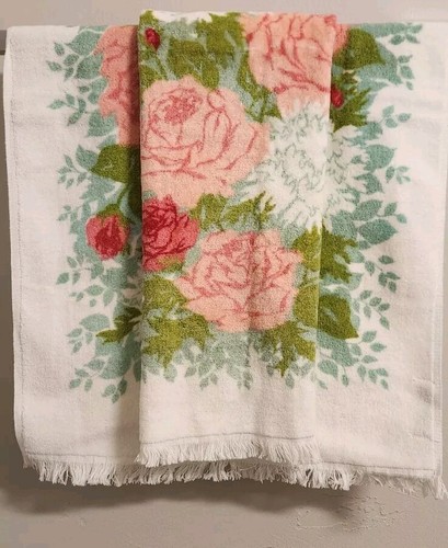 2 Fieldcrest Royal Samt Blau Rosa Blumen Handtuch Set USA Vintage 1970