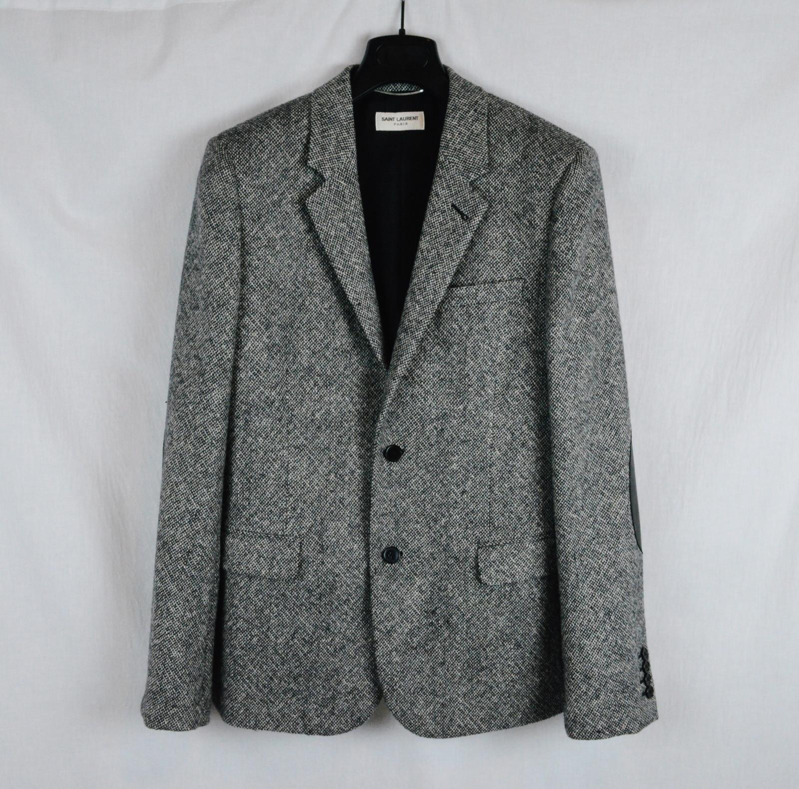 Giacca blazer SAINT LAURENT PARIS tweed lana pelle toppa gomito 50 40 48 nuovo