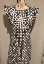 Eliza J  Dress Gingham Polka Dot Black White Blue Ruffle Sleeve Women's 6