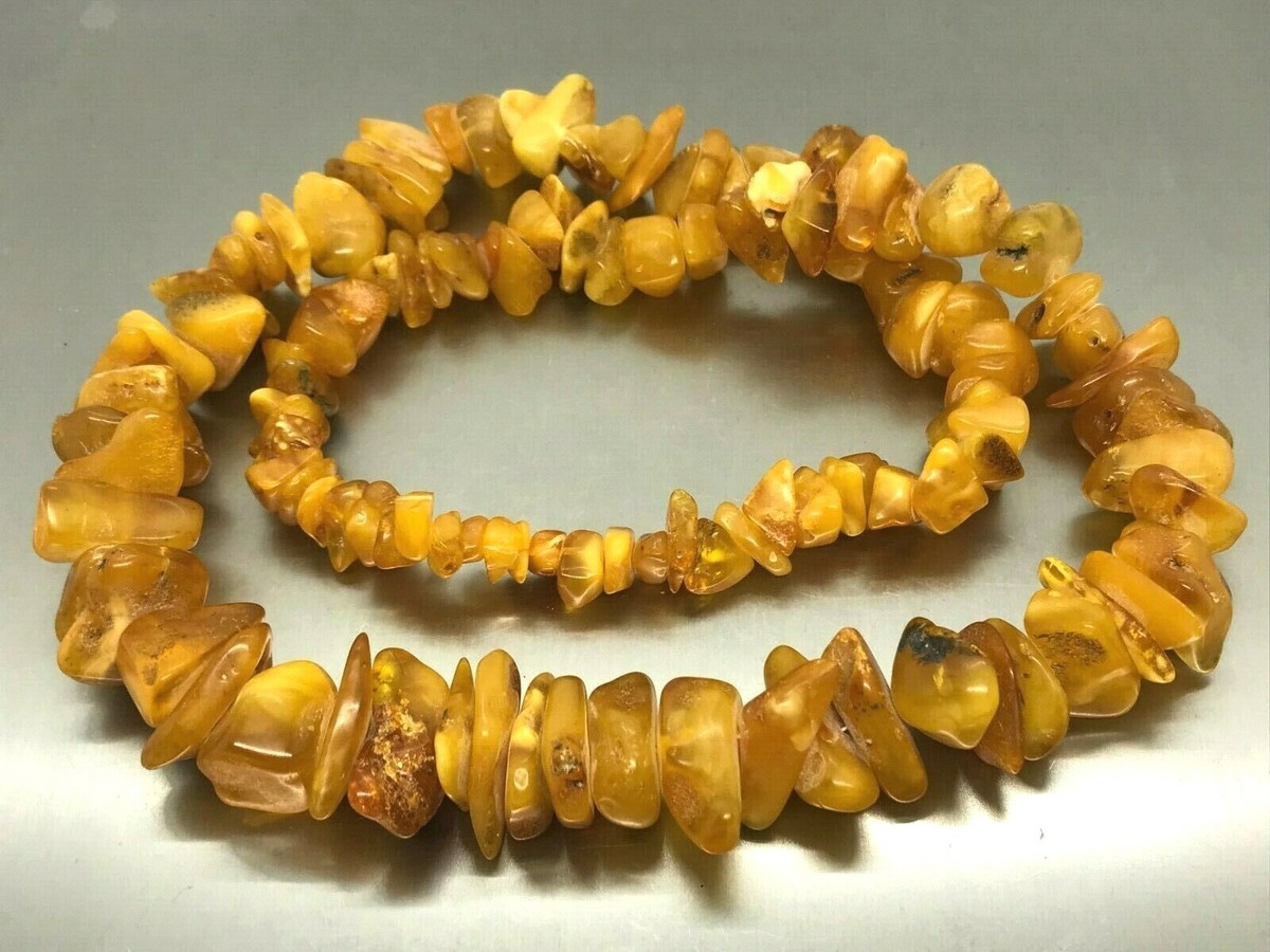 Collier Ambre Vintage Perles Baltiques Nouées - Ancien, Couleur Jaune D'oeuf, 31,1g, Origine Lituanie