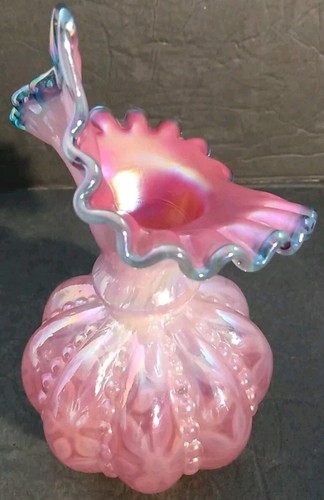 RARE! FENTON GLASS TEAL CREST PINK BEADED MELON JACK IN THE PULPIT VASE 681/3500 - Picture 4 of 17