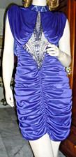 Purple,ruched,draped,vintage,sz7,8,Lori Ann,shapely,bodycon,see thru,deep back