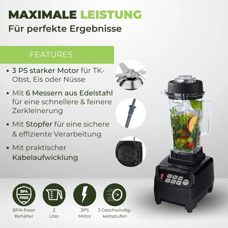 JTC Omniblend V Power Mixer Blender Icecrusher 2,0l BPA-Frei +B. Grüne Smoothies - Bild 3 von 4
