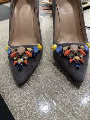 J.Crew collection Elsie Suede All Leather Made In Italy Pumps Gray Jewels SZ 8 - Picture 2 of 7