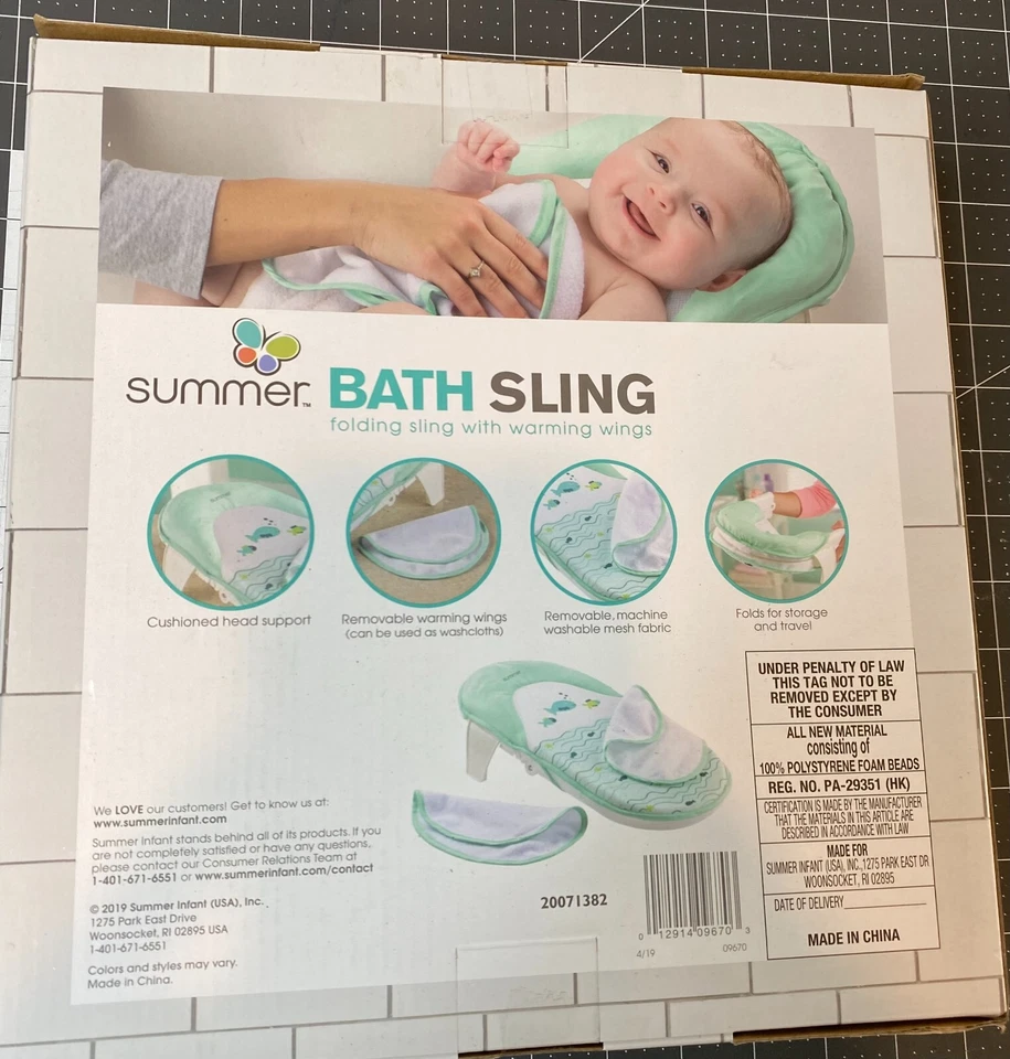Eslinga de baño verde menta para bebé de verano con alas de calentamiento soporte para la cabeza del bebé Foto 3 de 4