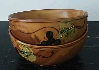 Vintage Rustic Stoneware Grape Vine Bowls Tuscan Style Cottage Charm Set Of 2