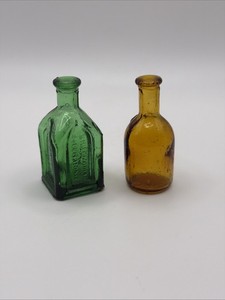 Lot 2 Antique Miniature Glass Bottles Cathedral Remedy Bitters Green and Amber