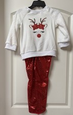 Girls Winter Holiday Outfit Reindeer Fleece-Sleeve Top, Sequin Leggings Size 6