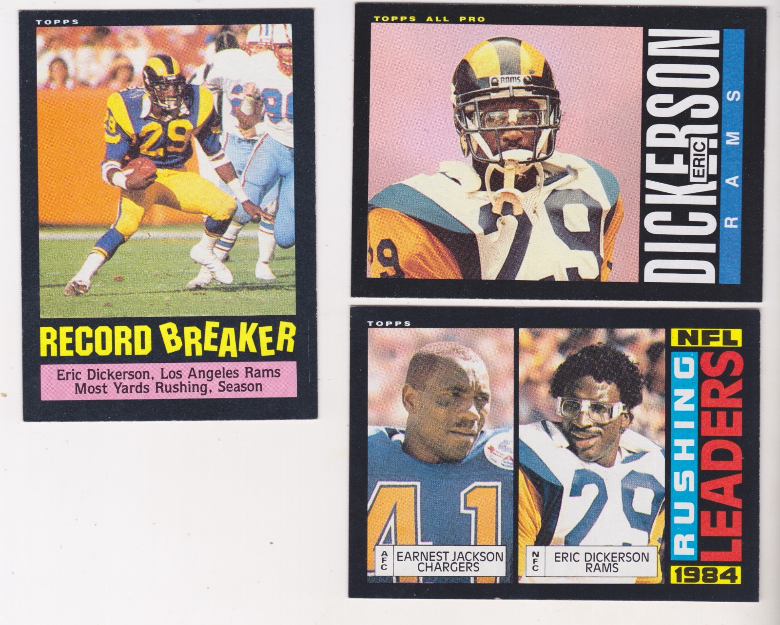 THREE MINT ERIC DICKERSON Topps 1985 #2/#79/#194 L. A. RAMS/S.M.U. MUSTANGS HOF