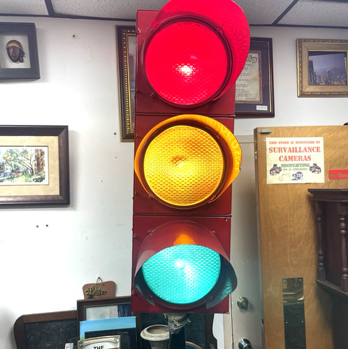 Vintage Kopp Glass Red Cast Housing Three-Lens Traffic Signal, Works