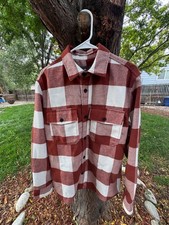 H&M Mens Medium Plaid Flannel Overshirt Shacket Burgundy White Check Jacket M