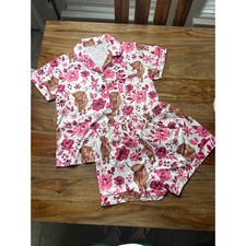 Conjunto de pijama floral Highland Cow rosa blanco camisa con botones pantalones cortos para mujer grande