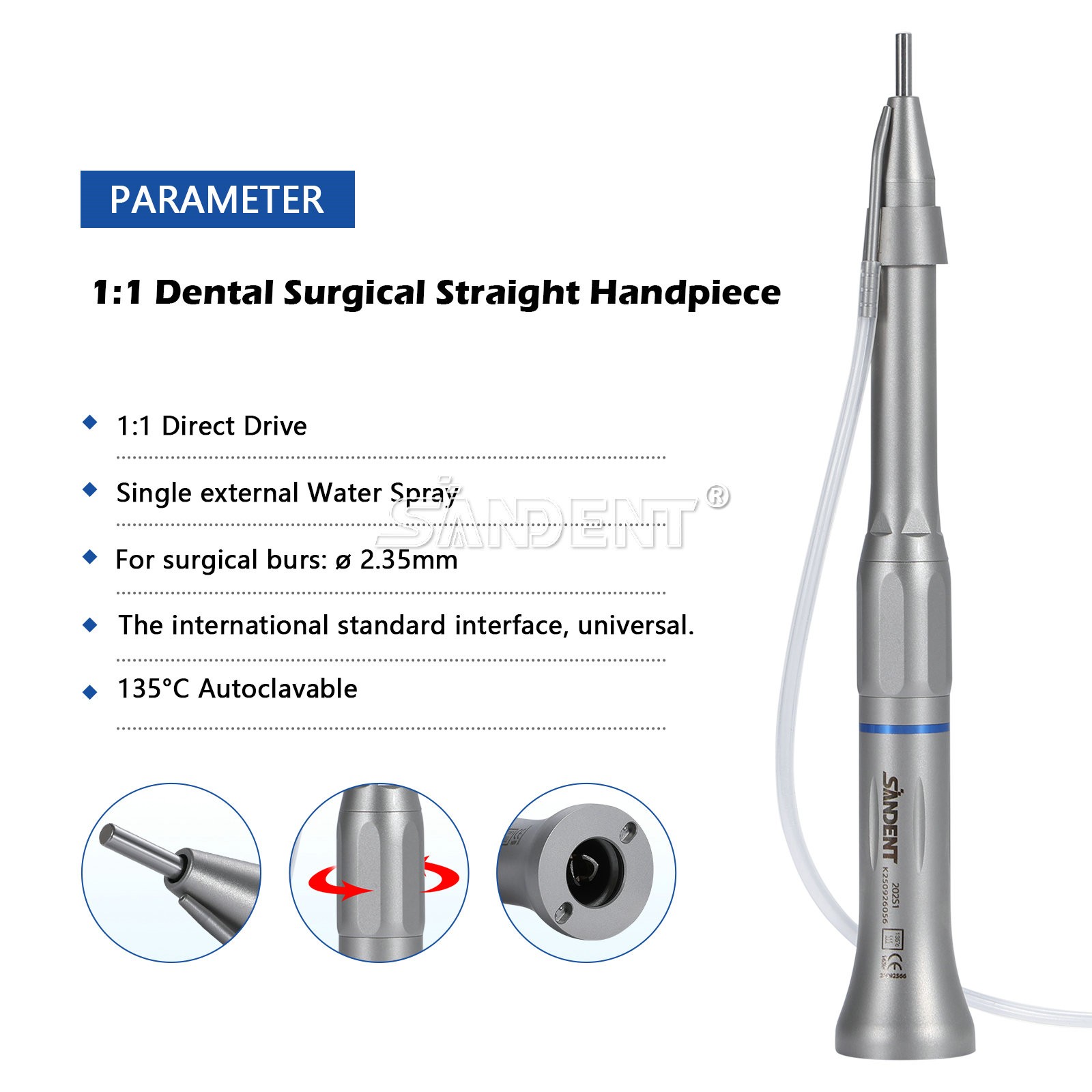 SANDENT Dental 1:1 Surgical Straight Handpiece Nose Cone External Spray CE