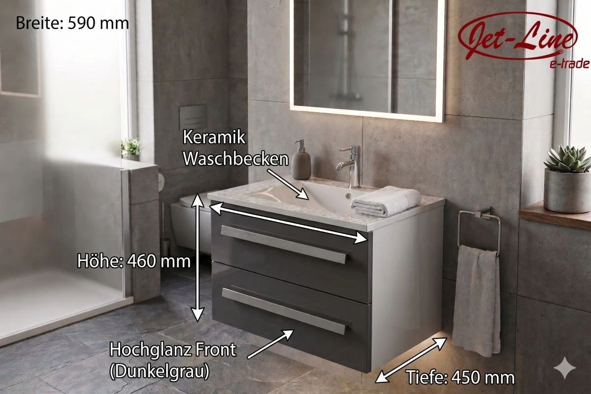 Badset Badmöbel Arosa grau Waschtisch Badezimmermöbel 60 cm Waschbecken