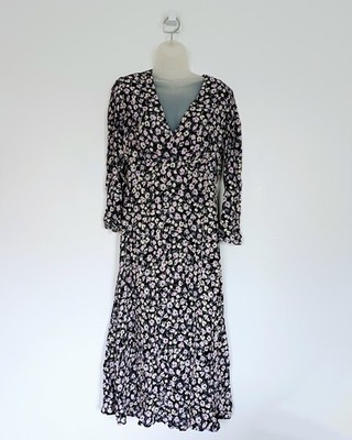 Mango Kleid Größe M Damen Schwarz Lila Blumenmuster Maxi Langarm Boho