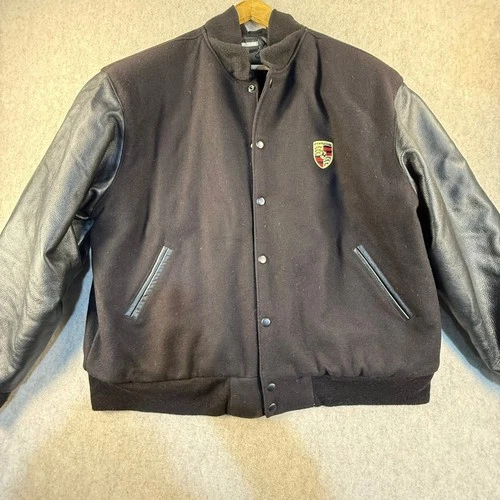 Vintage Porsche Varsity Jacket Black Wool Leather Sleeve Made in USA Large - product listing photo