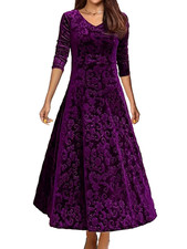 Women's Velvet Purple Floral Embossed Long Sleeve V Neck A-Line Dress Plus Sz 1X