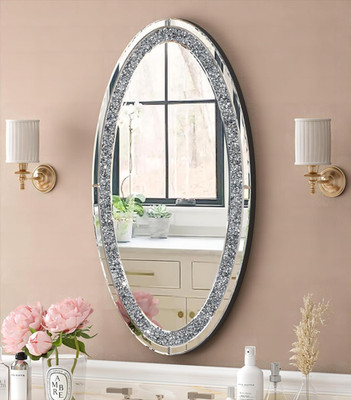 Frameless Oval Wall Mirror 36''x23'' with Crushed Diamond Border, Silver Glass