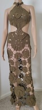 Fashion Nova Brown Olive Crochet Maxi Dress Party Beach Backless Cotton size XS