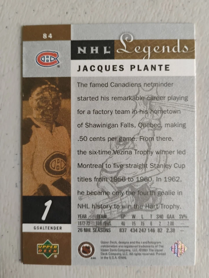 01 02 UPPER DECK NHL LEGENDS GLOVES OF STEAL JACQUES PLANTE #84 MONTREAL - Image 2 of 2