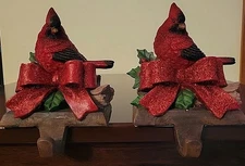 Christmas Cardinals Stocking Hangers Set Of 2 With Glittery Bow & Holly