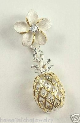 10MM 2TONE YELLOW GOLD PLATED 925 SILVER HAWAIIAN PINEAPPLE PLUMERIA CZ PENDANT