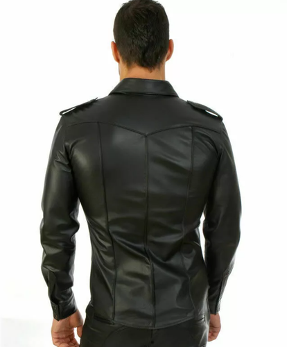 Mens Genuine Leather Cowhide Gay Police Uniform Shirt Cowhide Bluff Shirt - Picture 3 of 4