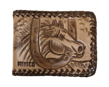 Vintage New Brown Tan Leather handmade Mexico Western Horse bifold Wallet