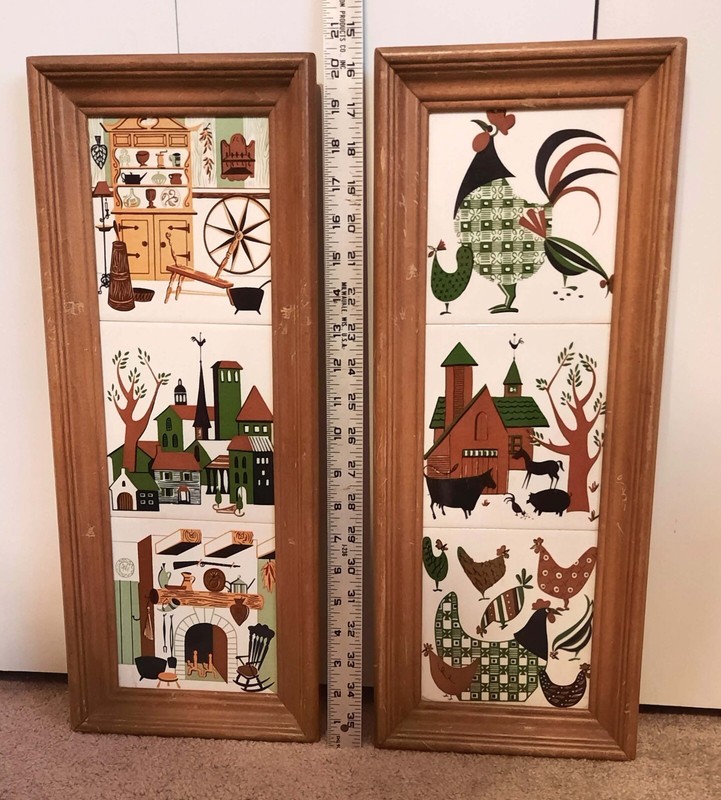 6 1920-40s 6" Sq. Framed Tiles, H&G Thynne Made in England. Farm Home, Chickens.