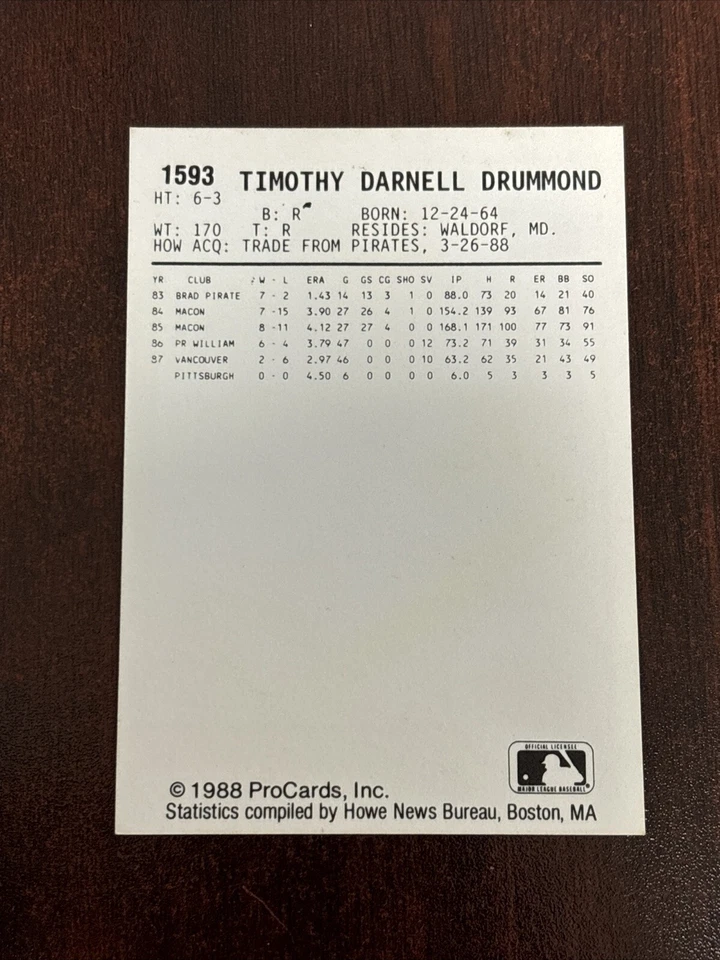 1988 ProCards #1593 Tim Drummond AUTO Tidewater Tides Autograph SIgned - Image 2 of 2