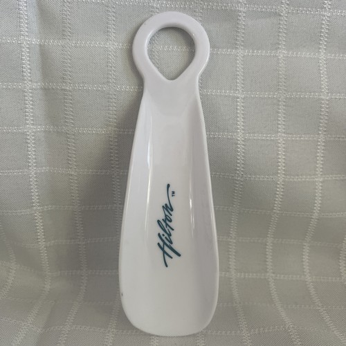 Hilton Hotel Plastic White Shoe Horn Teal Blue Script Logo