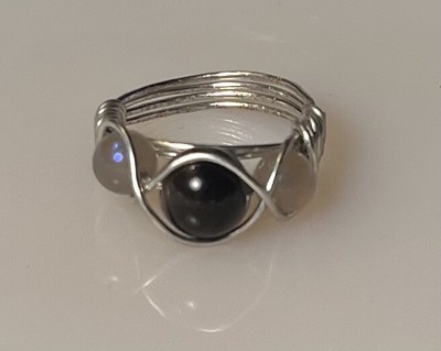 Wire Wrapped Black Obsidian And Labradorite Ring Size 6.75