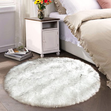 6Ft Round Faux Sheepskin Area Rug - White with Grey Tips, Washable Luxury Decor