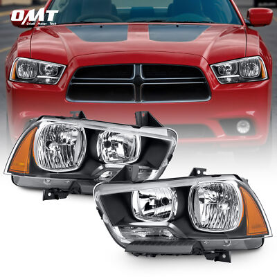 VRC For 2011-2014 Dodge Charger Halogen Headlamps Pair Black Amber Headlights