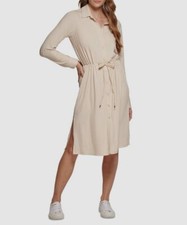 $109 Calvin Klein Women's Beige Ribbed Button Front Topper Blouson Dress Size S
