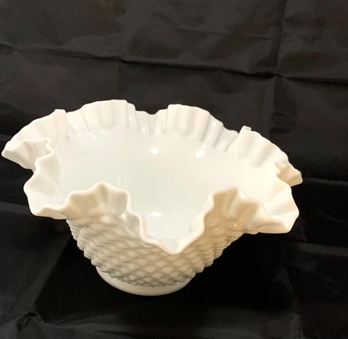 Vintage Milk Glass Hobnail Crimped & Ruffled Edge Large Bowl  ~10 Inch Diameter