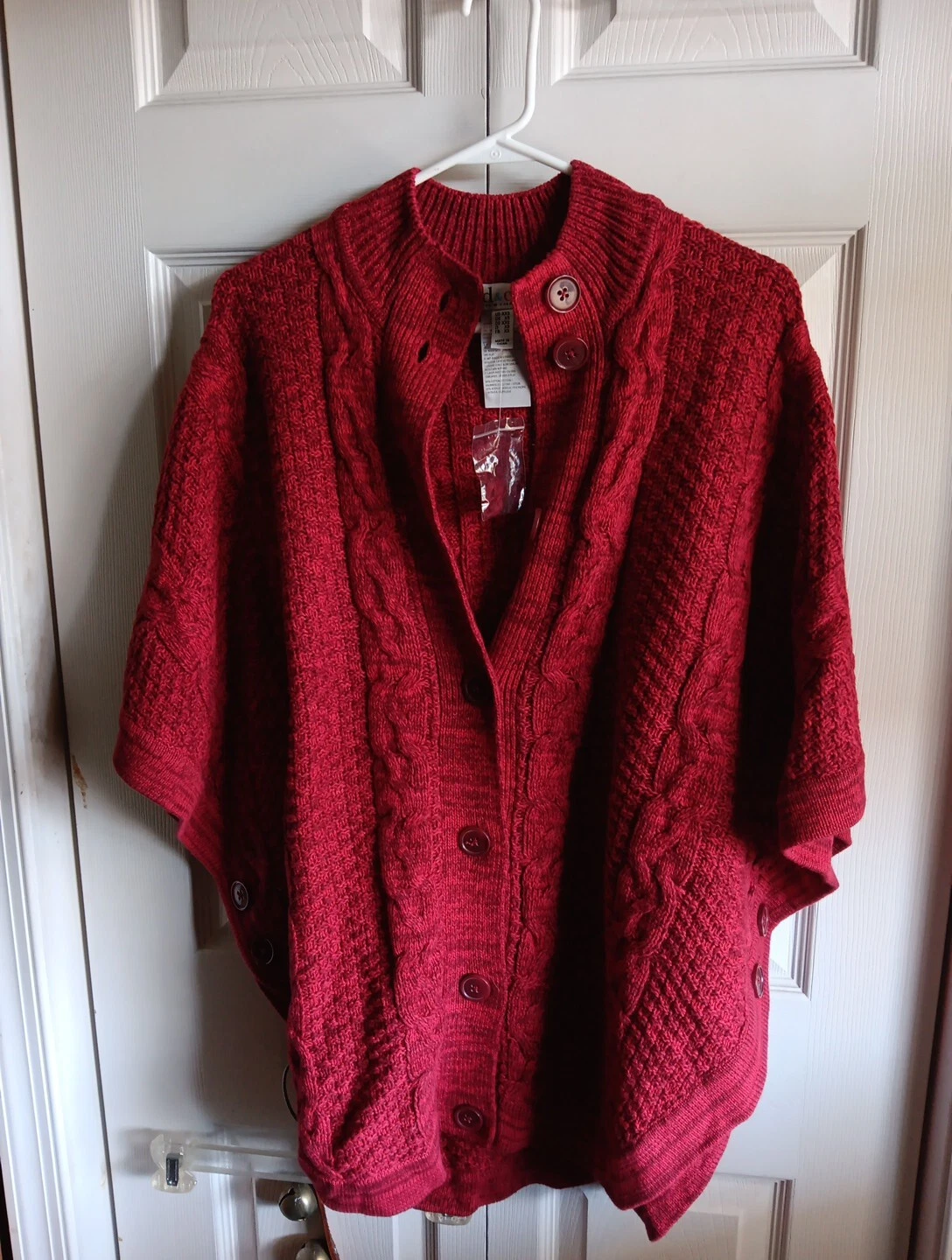 Denim & Co Heather Red Button Front Cable Knit Sweater Poncho New Stand Collar
