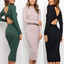 New Style Women's Suits Sweater Dresses Women's Solid Color Backless Bow Tight D