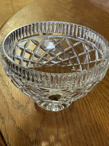 Vtg Waterford Crystal 6” Round Bowl, Footed, Diamond Pattern 4” High Ridged Edge