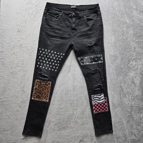 Amiri Jeans 36 Art Patch Black Distressed Skinny Stretch Studded Bandana READ