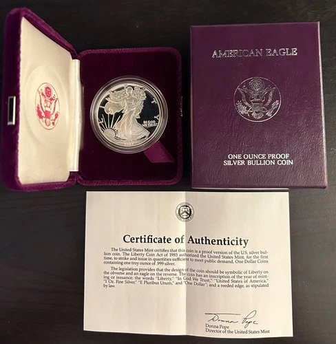 1987 US Proof Silver Eagle - 1 oz .999 Fine Silver Coin BOX & COA