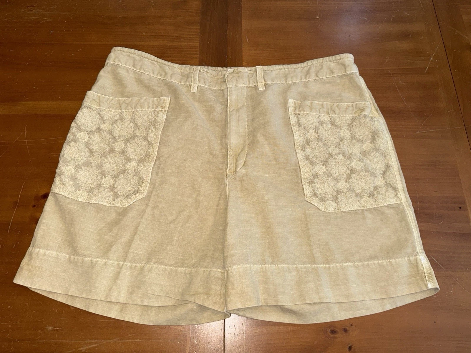Sundance Linen Embroidery Beige Shorts XL Casual Comfy Pockets Euro Vacation