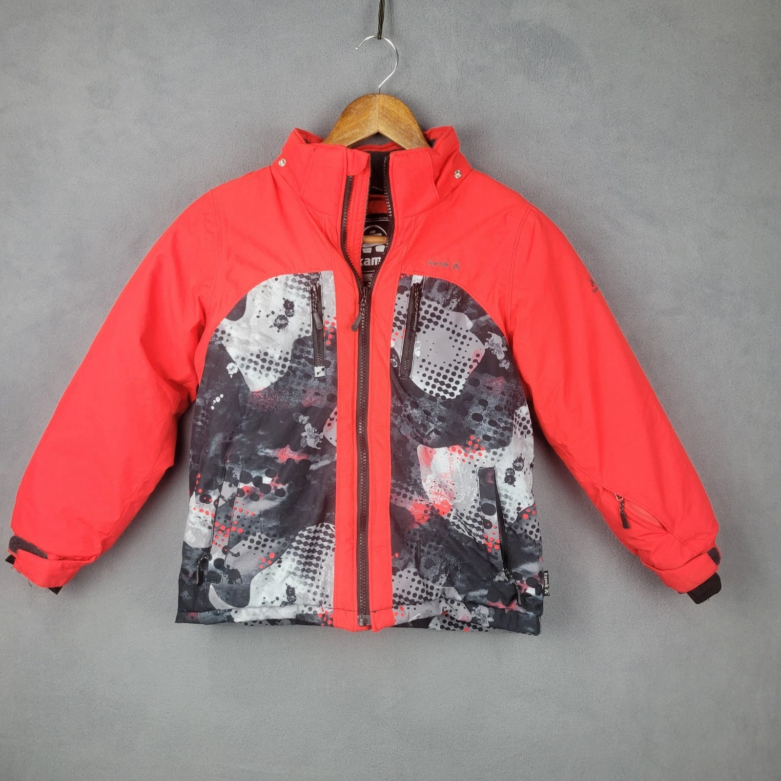 Kamik Cascade Jacket Boys 7 Red Black Abstract Fleece Lined Insulated Full Zip