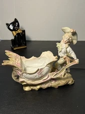 Dresden Porcelain Antique 1900s Boy Wheelbarrow Gravy Boat Candy Dish Planter