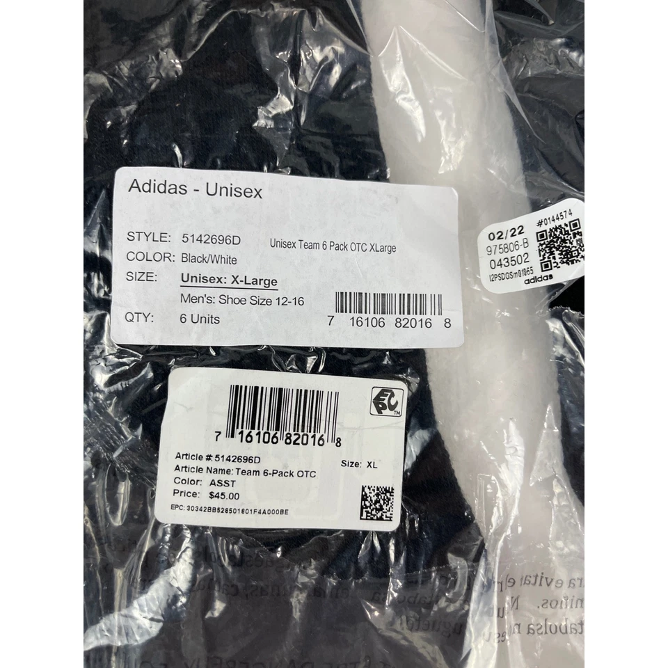 Adidas Unisex Equipo OTC Calcetines Negro Blanco Zapato Talla 12-16 XL Paquete de 6 Foto 4 de 4